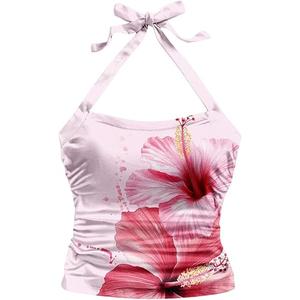 Women's Floral Halter Crop Tops Tie Backless Ruched Sleeveless Summer Tank, XL