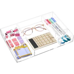 Acrylic Drawer Organizer Clear Desk Drawer Organizer Trays with Adjustable Compartments Desk Accessories for Office Stationery Makeup Silverware Bathroom(Adjustable)