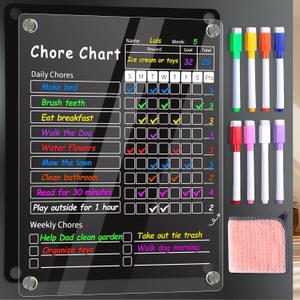 Acrylic Magnetic Chore Chart for Kids & Adult12" x 9.5" Behavior Responsibility Reward Chartat Home Clear Dry Erase Refrigerator Board for Multiple Kids & Teens(w/ 8 Markers & Towel)