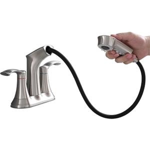Bathroom Faucet with Pull Out Sprayer, 4 Inch Centerset 3 Hole Utility Sink Faucet, 2 Handle Pull Out Faucet for Bathroom, Utility Sink or Laundry Tub, Brushed Nickel