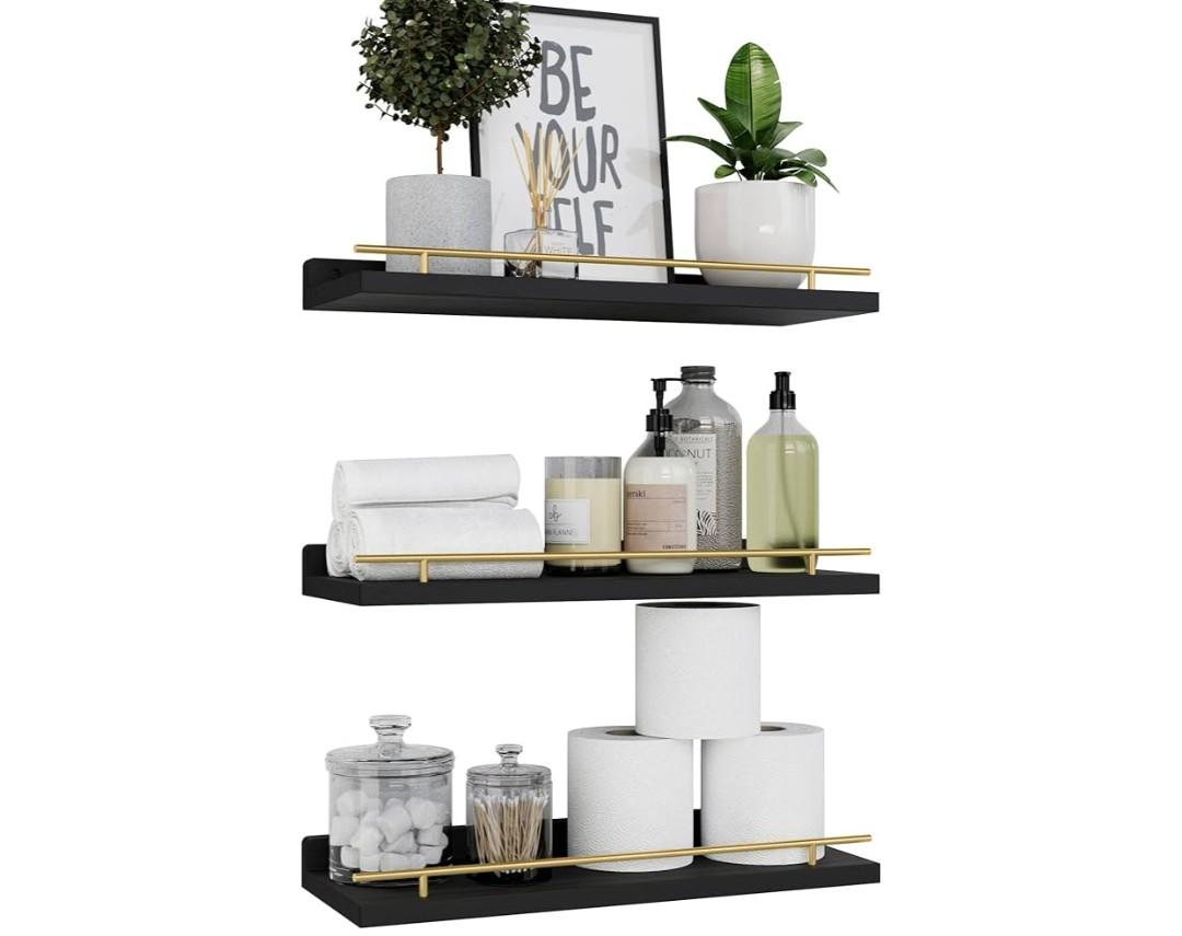 WOPITUES Floating Shelves with Black Metal Guardrail, Shelves for Wall Decor Set of 3, Wall Shelves for Bedroom, Bathroom, Kitchen, Living Room, Plants, Picture Frames