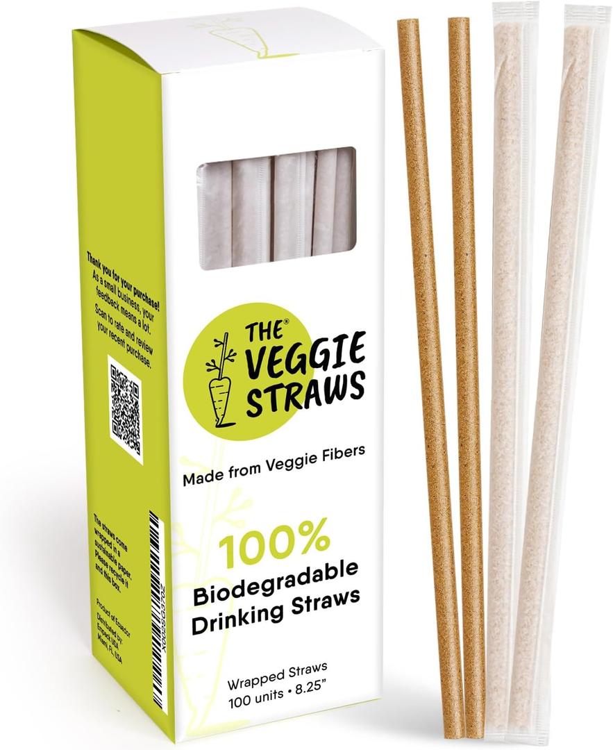 100 PCS of 8.25 Inches Individually Wrapped Biodegradable Straws  Made of Vegetable Fibers, Best Environment Friendly Drinking Straws for Hot and Cold Beverages