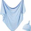 Newborn Swaddle Blanket with Hat Set Baby Swaddle Set Hospital Receiving Blankets for Girls Boys(Babyblue) (35"*35")