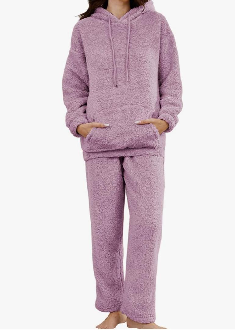 Wyeysyt Women's Fleece Pajamas Sets Fuzzy Loungewear Long Sleeve Casual Hoodies and Pants Fluffy 2 Piece Set Sleepwear Large
