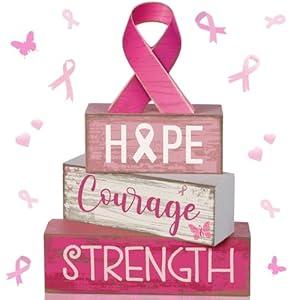 Lineshading 4 Pcs Breast Cancer Awareness Table Decor Pink Ribbon Wooden Sign Breast Cancer Tiered Tray Decor Decorative Pink Ribbon Blocks Sign Gifts for Home Kitchen Party Decoration