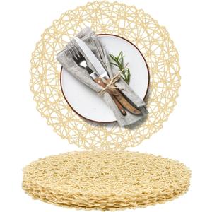 AHHFSMEI Paper Braided Round Placemats Set of 6 Natural Non-Slip Heat Resistant Table Mats for Dining Tables Woven Indoor & Outdoor Place mats(Beige)