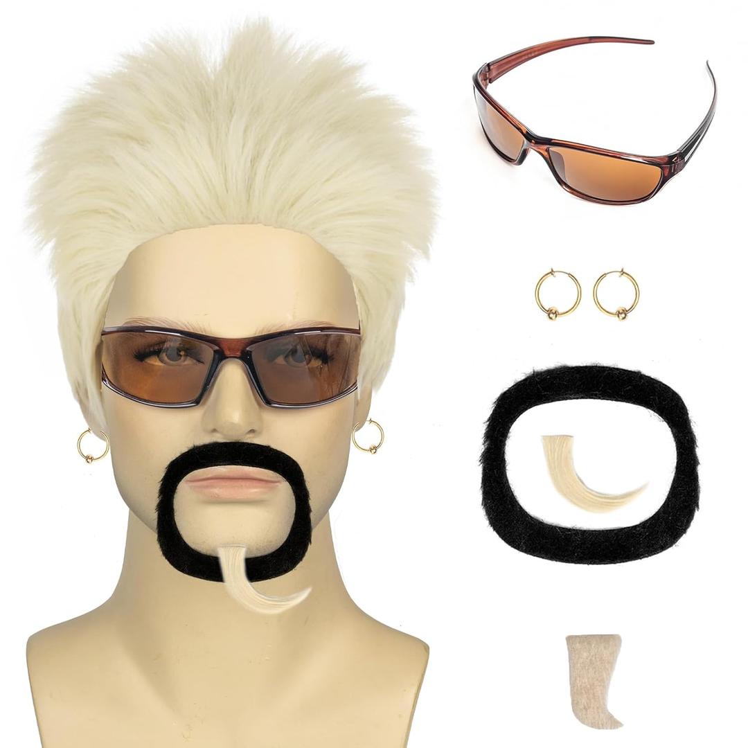 QACCF 5Pcs Mens Glasses Grey Wig Short Straight Grey Blonde Guy Spiky Halloween Costume Synthetic Wig With Earrings and Beard Goatee