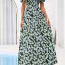 BTFBM Summer Maxi Dresses for Women Wedding Guest Spring Floral Boho Short Sleeve Smocked Beach Graduation Dress 2026 (Blue, M)