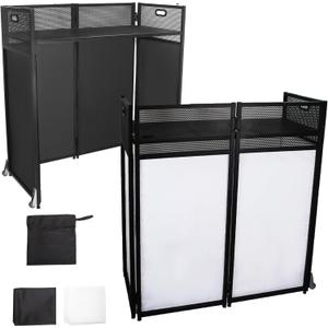 DJ Facade Booth Table 40" x 20"-Portable with Black&White Lighting Scrims Flat DJ Booth Panel-Black Metal Frame with 2 Extra Wheels for Show, Party