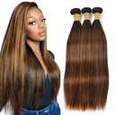 P4/30 Chocolate Bundles Human Hair Straight Bundles 18 20 22 Inch Unprocessed Brazilian Virgin Hair Weave 3 Bundle Highlight Brown Human Hair Extensions 50 Grams Per Bundle