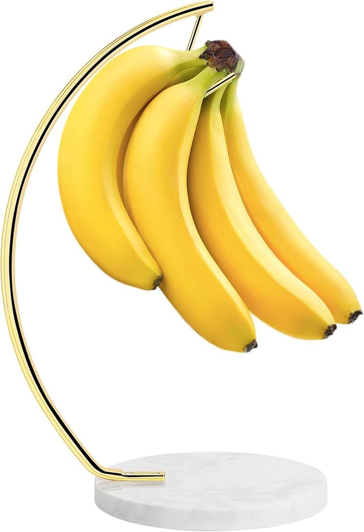 Livabber Banana Holder with Marble Base, Metal Banana Hanger Modern Tree Stand with Hook, Stylish Banana Keeper Fresh Fruit Storage Organizer Freestanding for Kitchen Countertop (Gold, Single Hook)