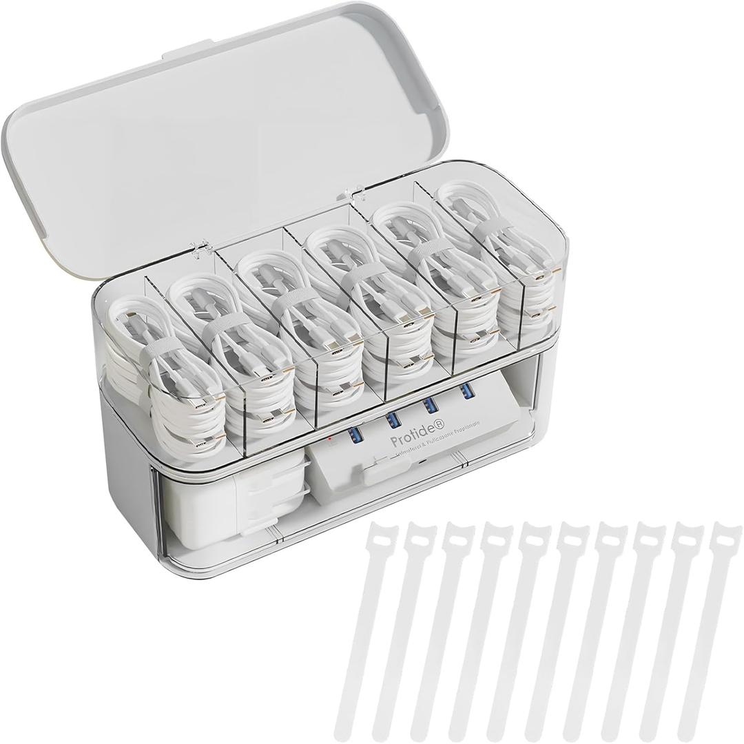 Cable Organizer with 10 Wire Ties, IEMIEBSHA White Cord Holder with 6 Compartments and Drawer, Plastic Electronic Cord Storage Box for Power Cord, Charging Plug, Cosmetics, Jewelry