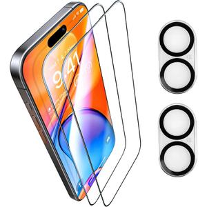 for iPhone 16 Screen Protector 2 Pack + 2 Camera Lens Protector 9H+ Hardness Military Grade Tempered Glass Shatterproof, Anti-Scratch Clear Glass Full Coverage, Easy Installation