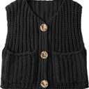 UEU Womens Chunky Sweater Vest Button Down Sleeveless Cardigan V Neck Crop Crochet Knit Tops 2025 Fashion Trendy Clothes (Black, M)