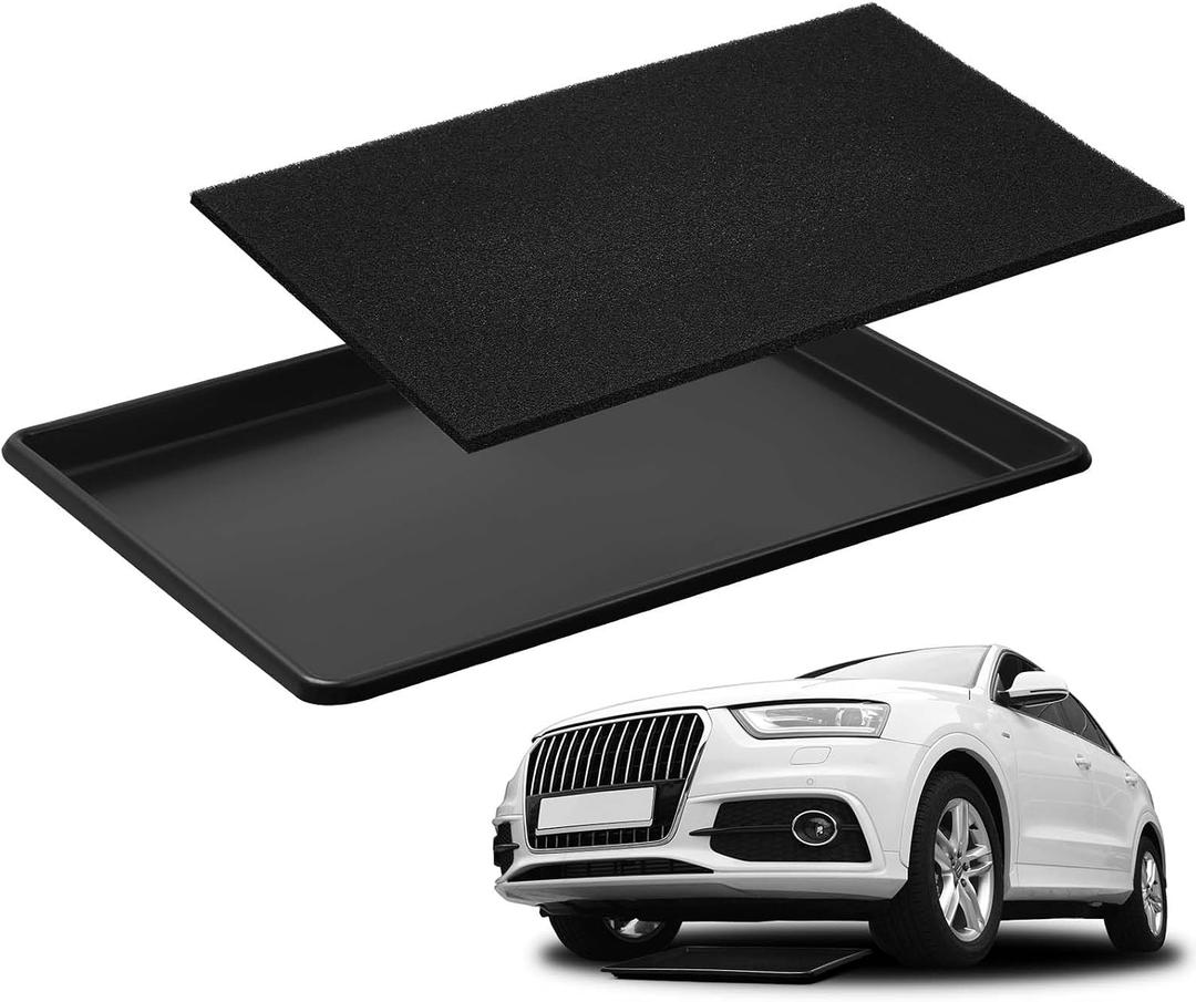 Uiifan 1 Set 27'' x 20''x 1.4'' Oil Drain Drip Pan for Car with Square No Splatter Pad Oil Drip Tray with Mat for Under Car Transmission Garage Automotive Driveway to Keep Floor Clean, Black