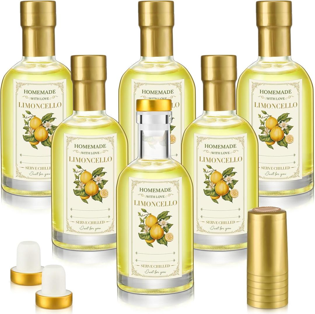 6 Set 6.8 oz Limoncello Glass Bottles Gift with Airtight Lid Cap Homemade Limoncello Bottles with Labels Cork Stopper for Home Brewing Beer Beverage Liqueur Wedding Baby Shower