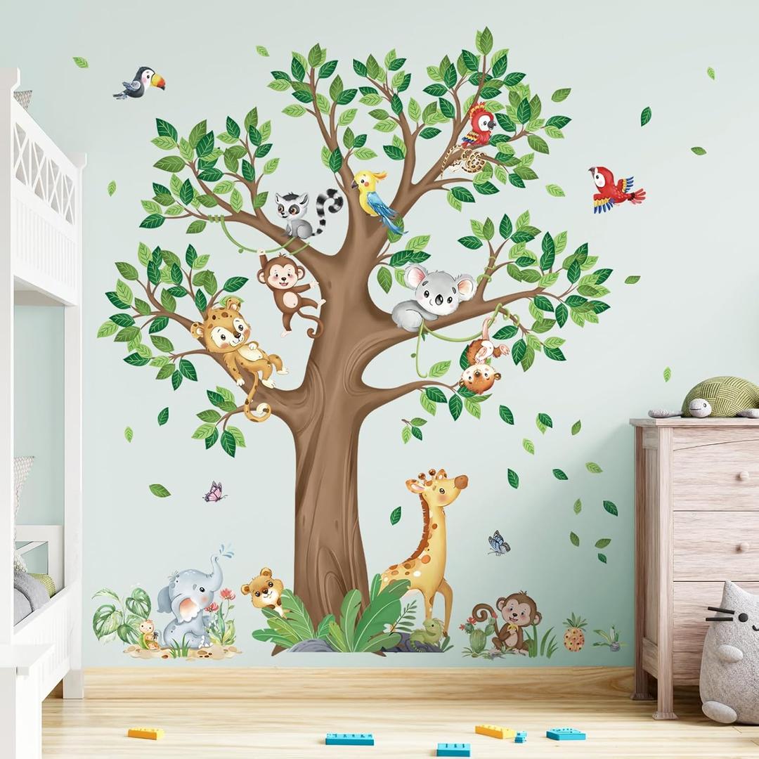 decalmile Large Jungle Animal Tree Wall Decals Giraffe Koala Leopard Safari Wall Stickers Baby Nursery Kids Bedroom Toddler Room Wall Decor