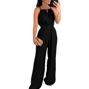 CHICME Women's Sexy Halter Jumpsuits Sleeveless Casual Ruched Rompers Wide Leg Jumpsuit (Black) XL
