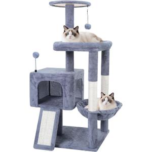 TWDEPART 37.5" All-in-One Cat Tree Tower with Scratching Board & Posts Cozy Sleeping Perch Hammock and Toy Balls,Grey