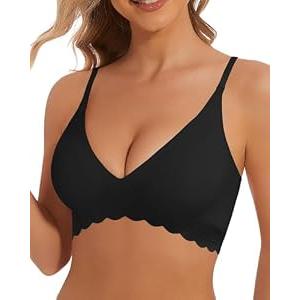 BOUFOR Deep V Bra Low Cut Plunge V Neck Thin Strap Push Up Wireless Bralette Padded Seamless Bra Scalloped Edge, Black, S