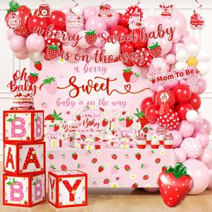 Strawberry Baby Shower Decorations, Berry Sweet Baby Shower Decorations with A Berry Sweet Baby Is On The Way Backdrop Cake Topper Strawberry Plates Balloon Arch Box for Baby Girl