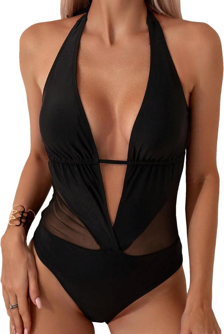 SOLY HUX Women's One Piece Swimsuits Deep V Neck Halter Mesh Monokini Bathing Suits Beachwear Solid Black Medium