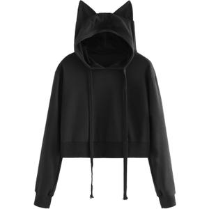 SweatyRocks Women's Long Sleeve Hoodie Crop Top Cat Print Sweatshirt (Black, XL)