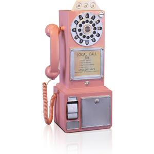 Antique Telephone - Pink Rotary Dial Landline Phone Model Vintage Classic Phone Props Retro Wall Mounted Crafts Ornaments Cafe Bar Window Booth Decoration - 9.8''L x 6.3''W x 19.7''H