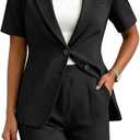 MorwenVeo Two Piece Suit Sets for Women Summer Business Casual Outfits Short Sleeve Blazer Wide Leg Shorts Set (Black)  L