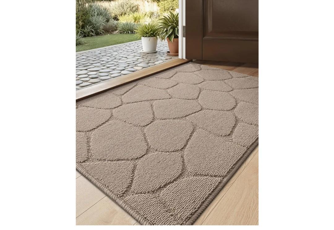 DEXI Front Door Entryway Mat Non Slip, 2x3 ft Washable Inside Entrance for House Floor Low Profile, Thin Entry Doormat Absorbent Dirt Trapper, Pebble Beige