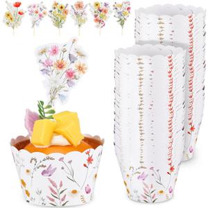 Vesici 72 Pack Wildflower Cupcake Wrappers and Topper Wildflower Birthday Decorations Paper Cupcake Liner Flower Cake Decorations for Spring Floral Birthday Party Decoration Supplies