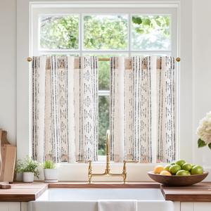jinchan Boho Kitchen Curtains Linen Cafe Tier Curtains 45 Inch Bohemian Geometric Striped Mudcloth Small Window Drapes for Living Room Bathroom Cabinet Light Filtering Back Tab 2 Panels Black on Flax