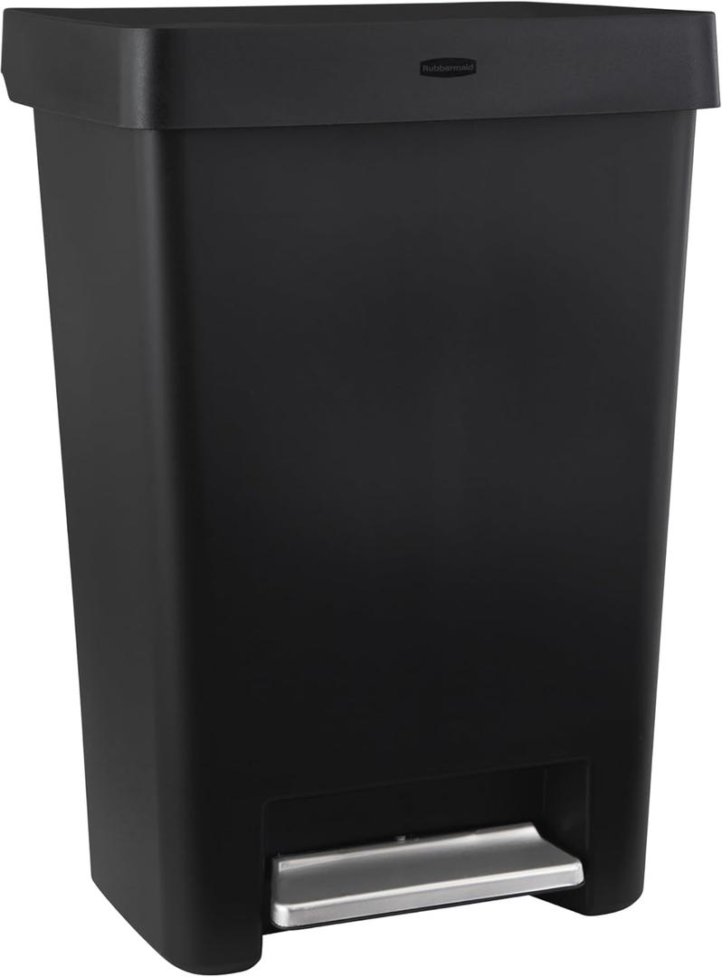 Rubbermaid Step-On Kitchen Trash Can with Lid, 12.4 Gallon, Black, Plastic Garbage Container for Home/Kitchen/Apartment/Garage