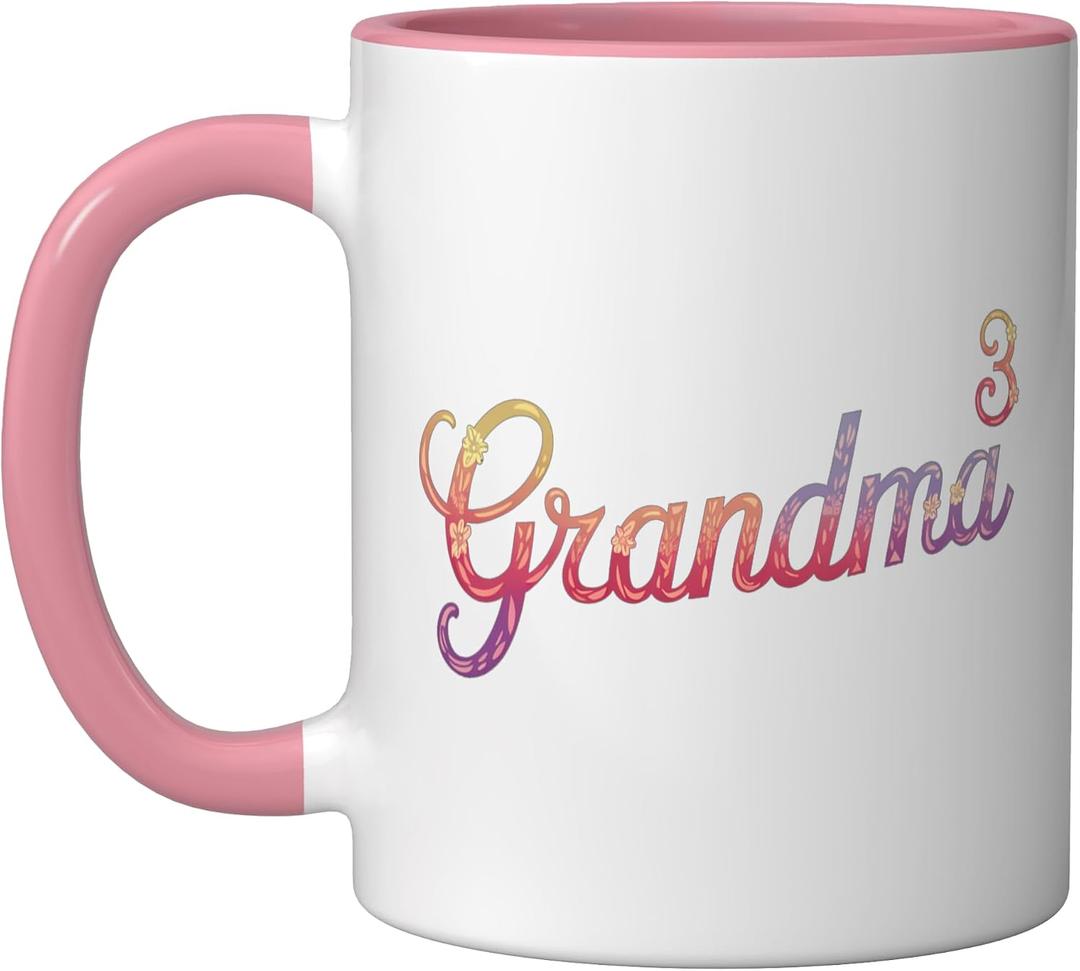 Grandma of Three Floral 3rd Time Grandma with 3 Grandkids Ceramic Mug, Pink/White