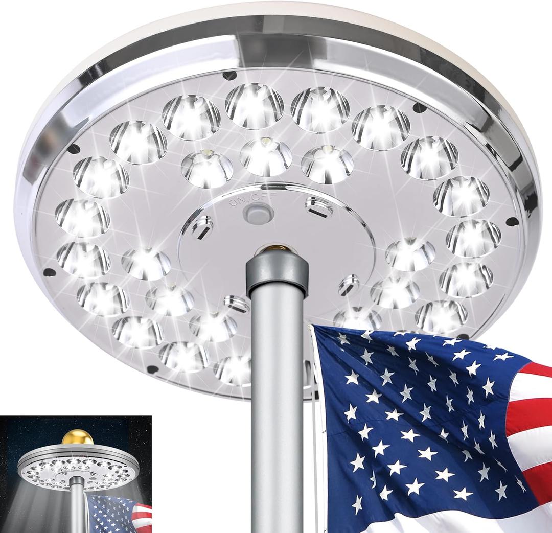Flagpole Light Solar Powered, Auro 8 Silver Flag Pole Light 29 Bright Huge LED for 15-25 Ft Outdoor Flag Poles, 20 Hour Long-Lasting Spectacular Aurora Lighting, Dusk to Dawn Auto On/Off