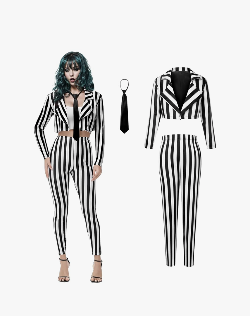 Black and White Striped Suit Scary Halloween Costumes for Women Men Horror Movie Halloween Outfits, XL