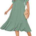 PYGFEMR Women's Summer Empire Waist Dress Smocked Flutter Short Sleeve V Neck Midi Dresses, L