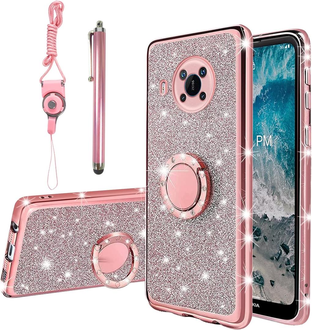 KuDiNi for Nokia x100 Case for Women, Luxury Stylish Glitter Crystal Slim TPU Bling Cute Protective Cover with Stylus Kickstand+Strap (Glitter Rose)