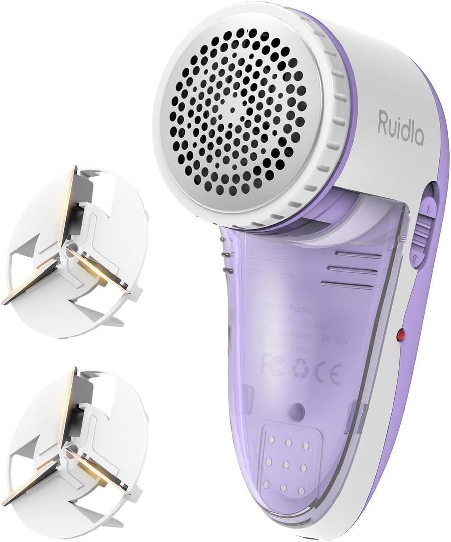 Ruidla Fabric Shaver Lint Shaver Defuzzer, Electric Lint Remover, Rechargeable Sweater Shaver with Replaceable Stainless Steel 3-Leaf Blades, Dual Protection, Removable Bin, (Micro-b Charging) (Purple)