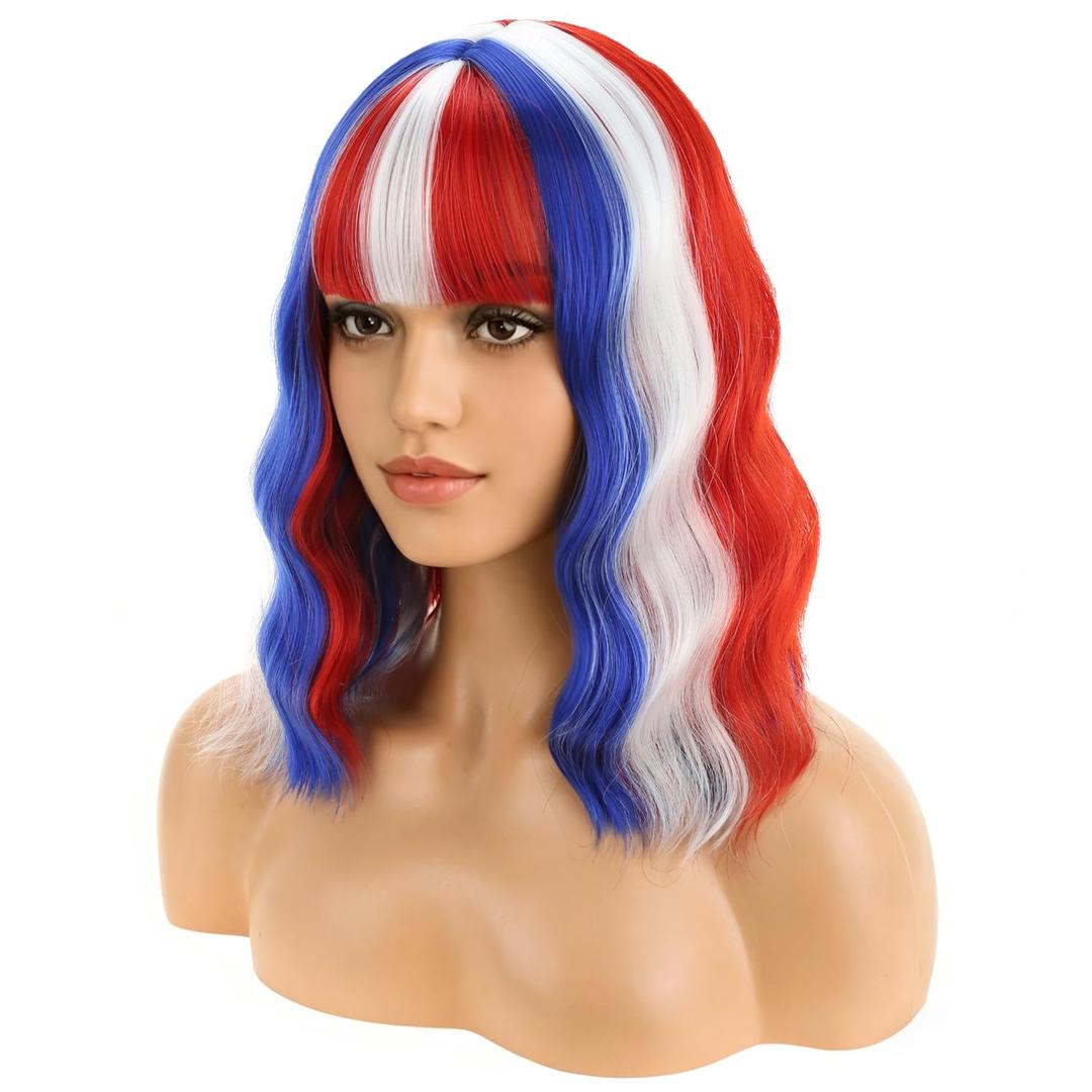 BERON 4th of July Flag Wig 14 Inches Red White Blue Wigs with Bangs Short Curly Wig Flag Wigs Red White Blue Curly Wigs for Women Daily Party or Cosplay Hairnet Include