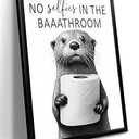 Framed Funny Bathroom Wall Decor, Black and White Bathroom Canvas Wall Art, Cute Otter Holding A Roll of Toilet Pictures Decor, Funny Animal Print Artwork – 12x16in