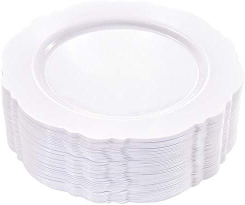 WDF 60pcs White Plastic Plates -10.25inch Baroque White Disposable Dinner Plates for Upscale Parties & Wedding & Independence Day