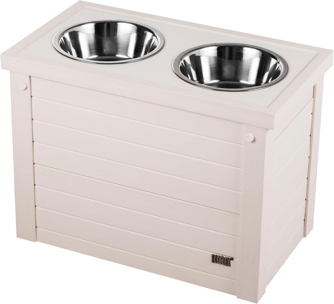 New Age Pet ECOFLEX Elevated Dog Feeder with 2 Stainless Steel Bowls and Sliding Lid Storage Bin (Antique White)