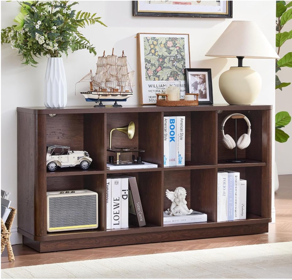 Joaxswe 8 Cube Bookcase, 52" Long Horizontal Book Shelf w/Curved Edge, Floor Standing 2-Tier Cubby TV Stand Bookshelf with Wooden Base, Farmhouse Low Storage Cabinet for Living Room, Office, Walnut