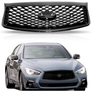 For 2018 2019 2020 2021 2022 2023 Infiniti Q50 Front Bumper Upper Grille Gloss Black Mesh Grill W/Sensor hole 623106HH0A