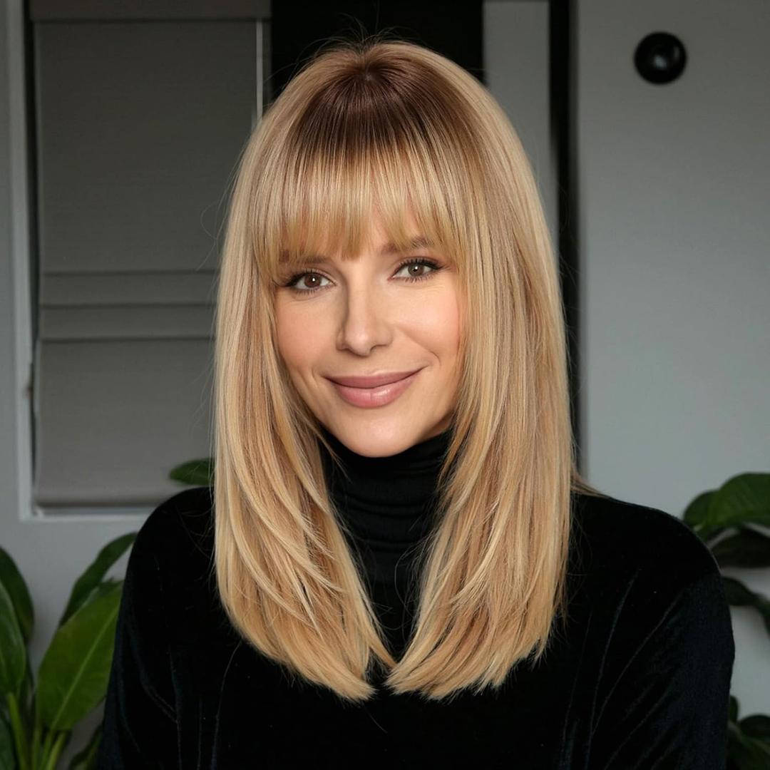 Ombre Light Brown 16inch Human Hair Wigs for Women Shoulder Length Layered Real Hair Wig with Natural Look and Bangs