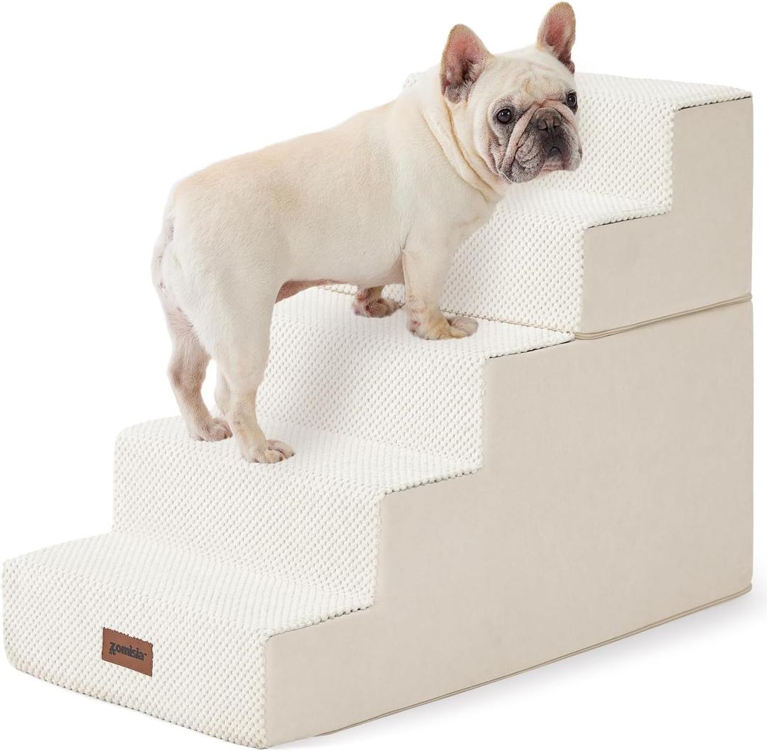Dog Steps for High Beds - Dog Stairs 2 in 1 with Zippers Suitable for Small Dogs, Foam Pet Stairs with Non Slip Bottom Grey 5 Steps, Beige