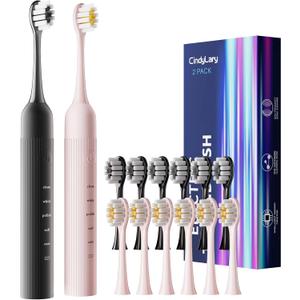 2 Pack Electric Toothbrush Set, Comes with 12 Brush Heads & 2 Electric Toothbrush,5 Modes with 2 Minutes Built in Smart Timer, One Charge for 60 Days, 38000 VPM Motor,Black and Pink.