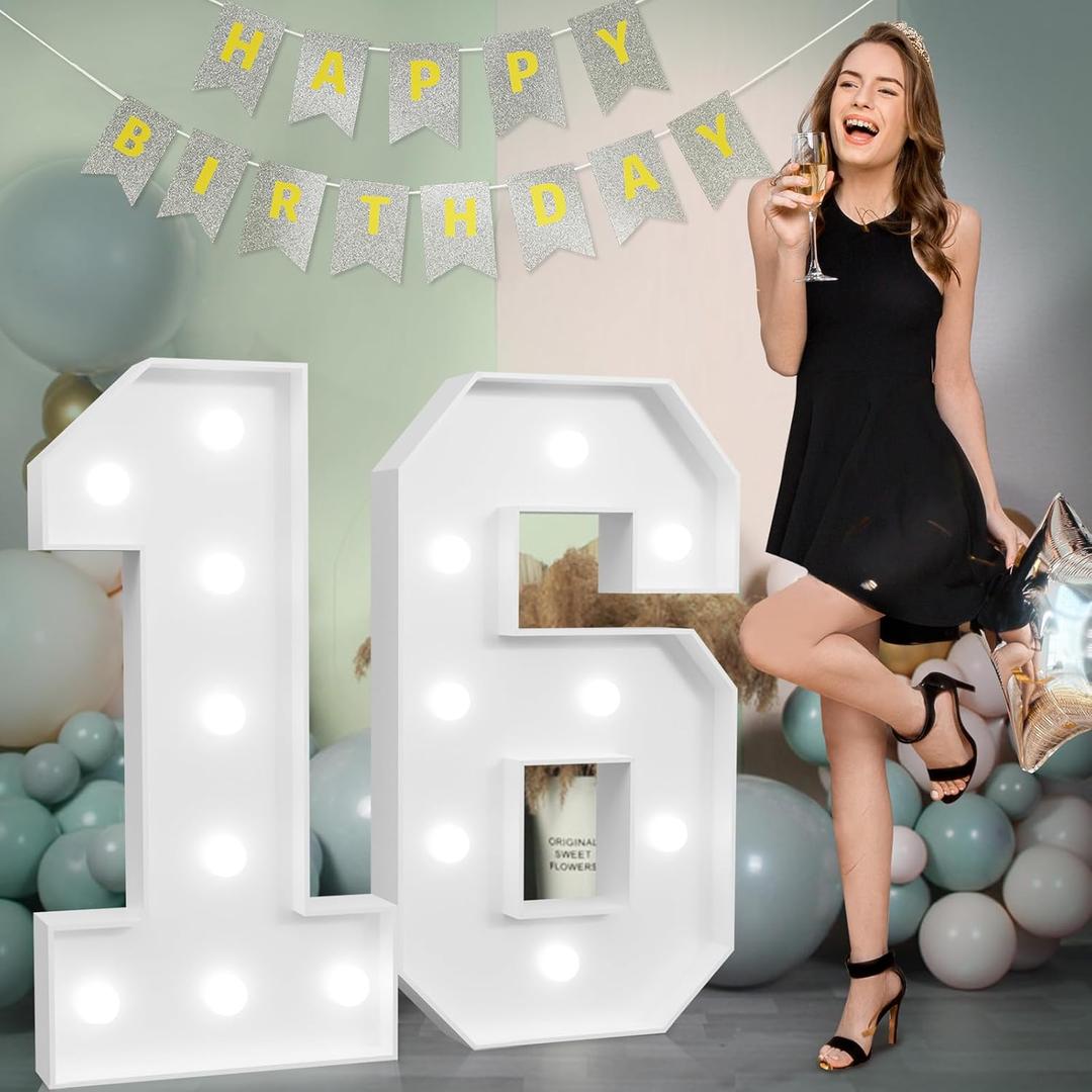 imprsv Marquee Numbers Large 16th-Birthday Decorations: 3ft Light Up Number Sweet 16 Party Decoration for Boy Girl Sixteen Year Old Decor Party Backdrop Anniversary Cardboard Big Mosaic Number 16 (White)