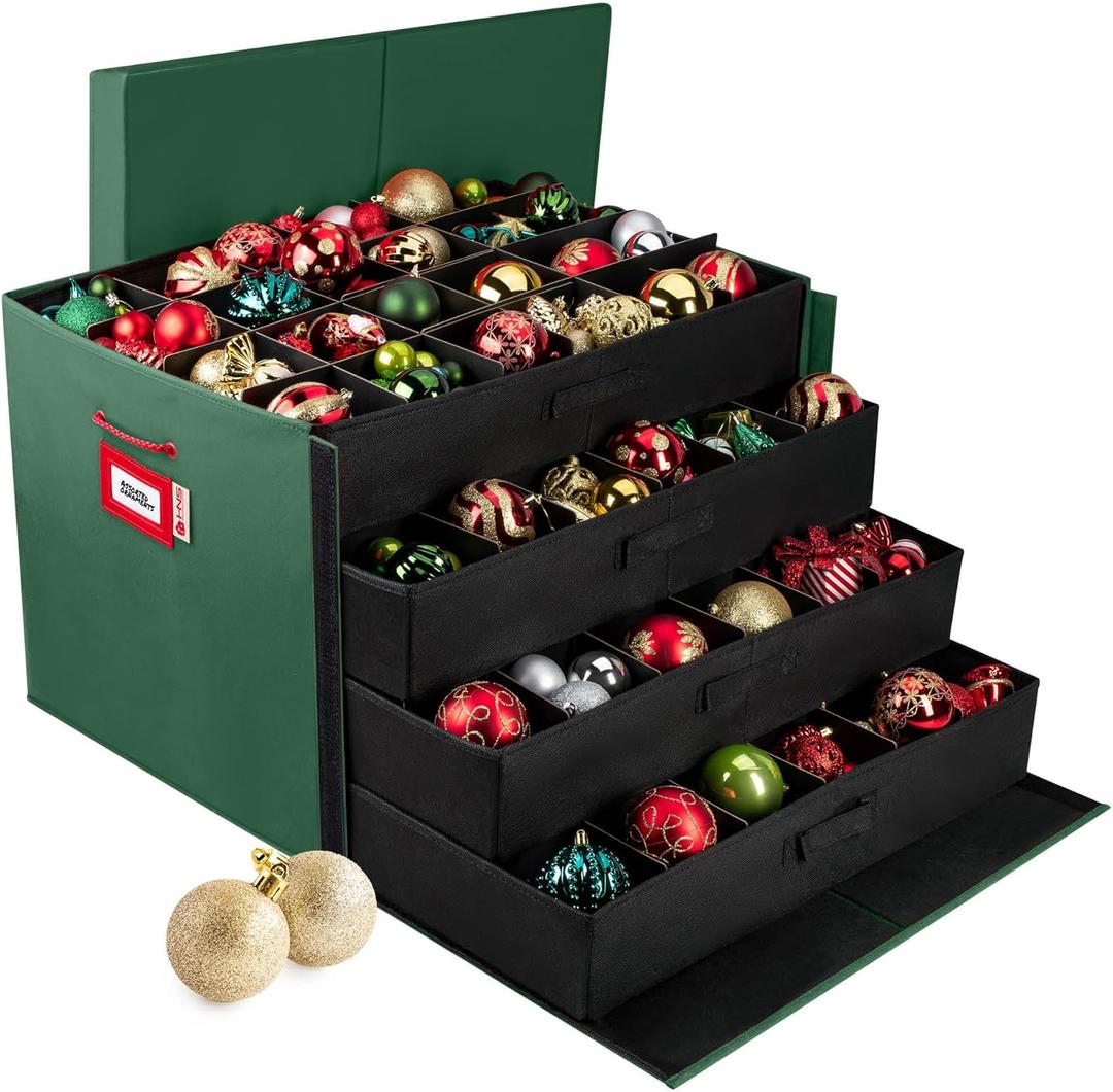 HOLDN STORAGE Christmas Ornament Storage Box with Dividers, Stores Ornaments up to 96 of 3 Inch Large Christmas Ball Storage Containers with 4 Trays - Green